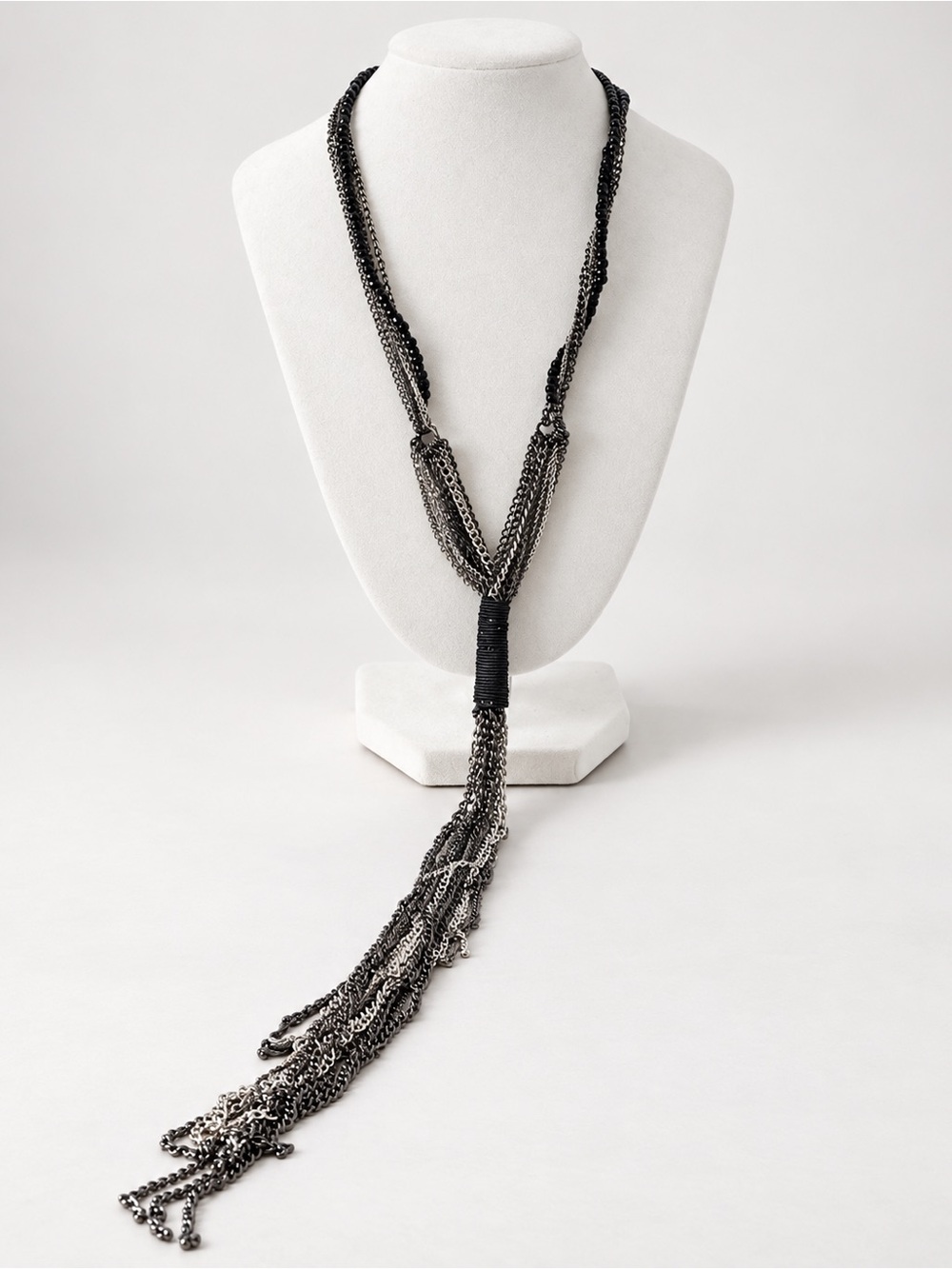 Roman Black Beaded Multi Strand Chain Tassel Statement Necklace